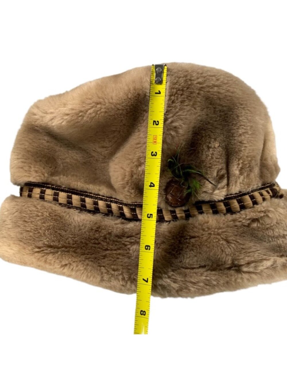 Vtg Stetson Faux Fur Fedora Winter Hat Russian Style Feather Banded Tan Brown - Picture 8 of 12